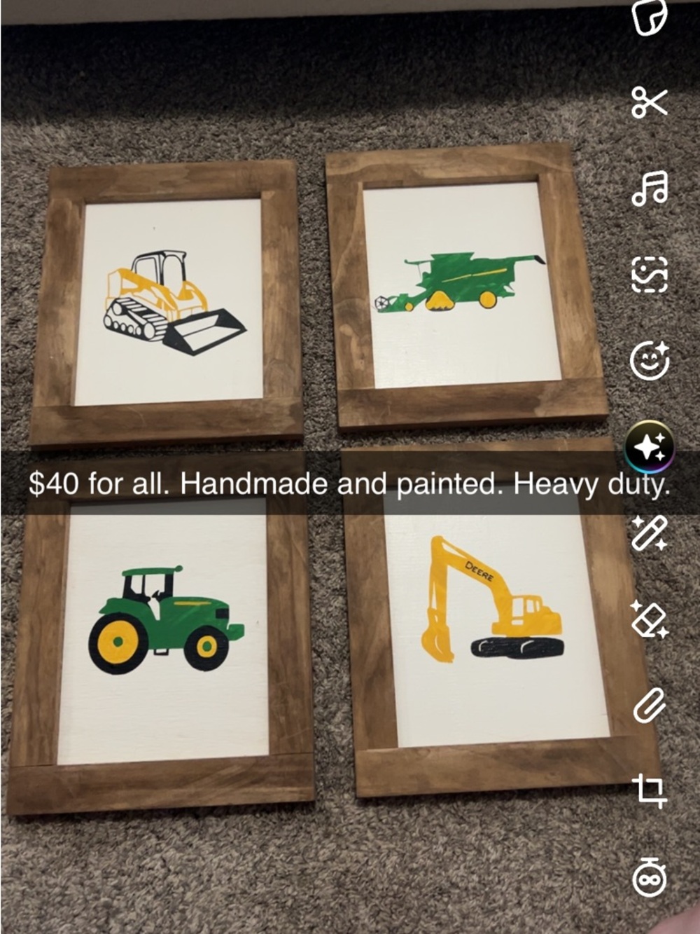 Handmade Tractor and Construction Wall Art Set - White, Green, Yellow